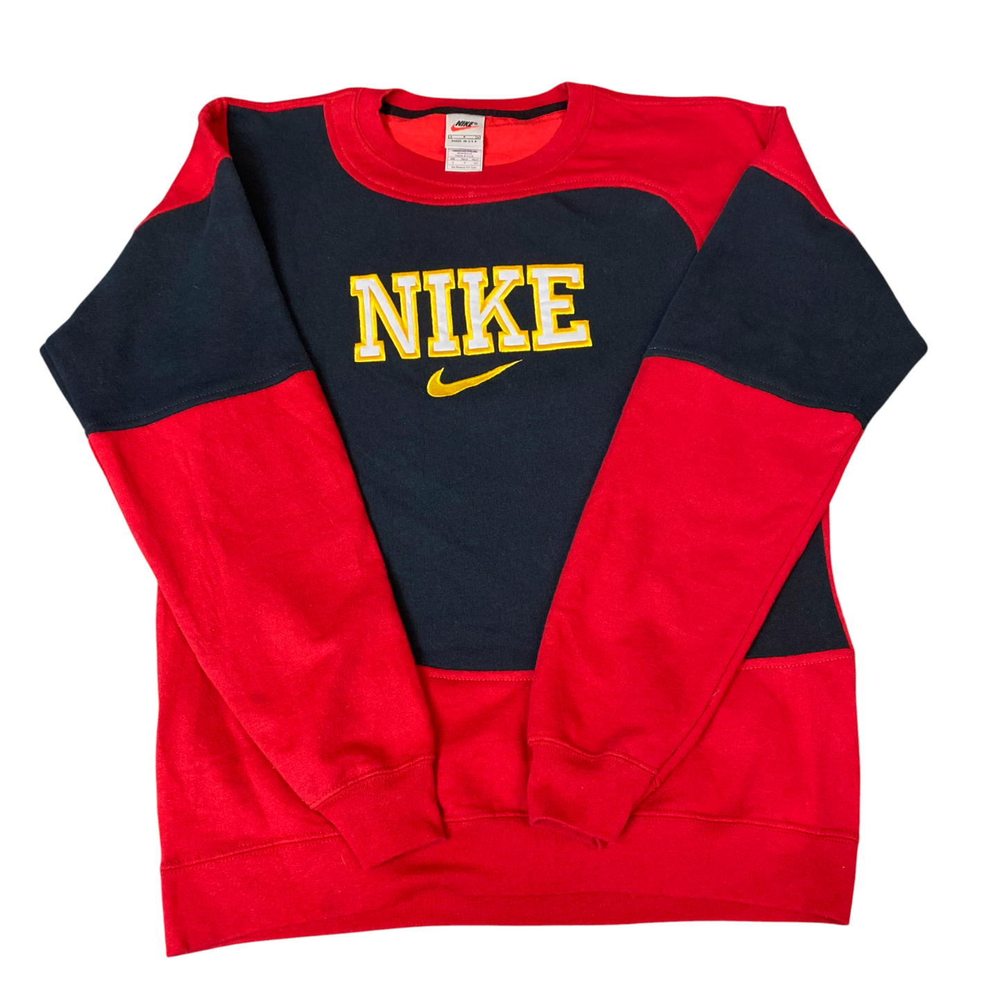 Nike Reworked Sweatshirt Mens Small Red Black Embroidered Spellout Logo Vtg Y2K