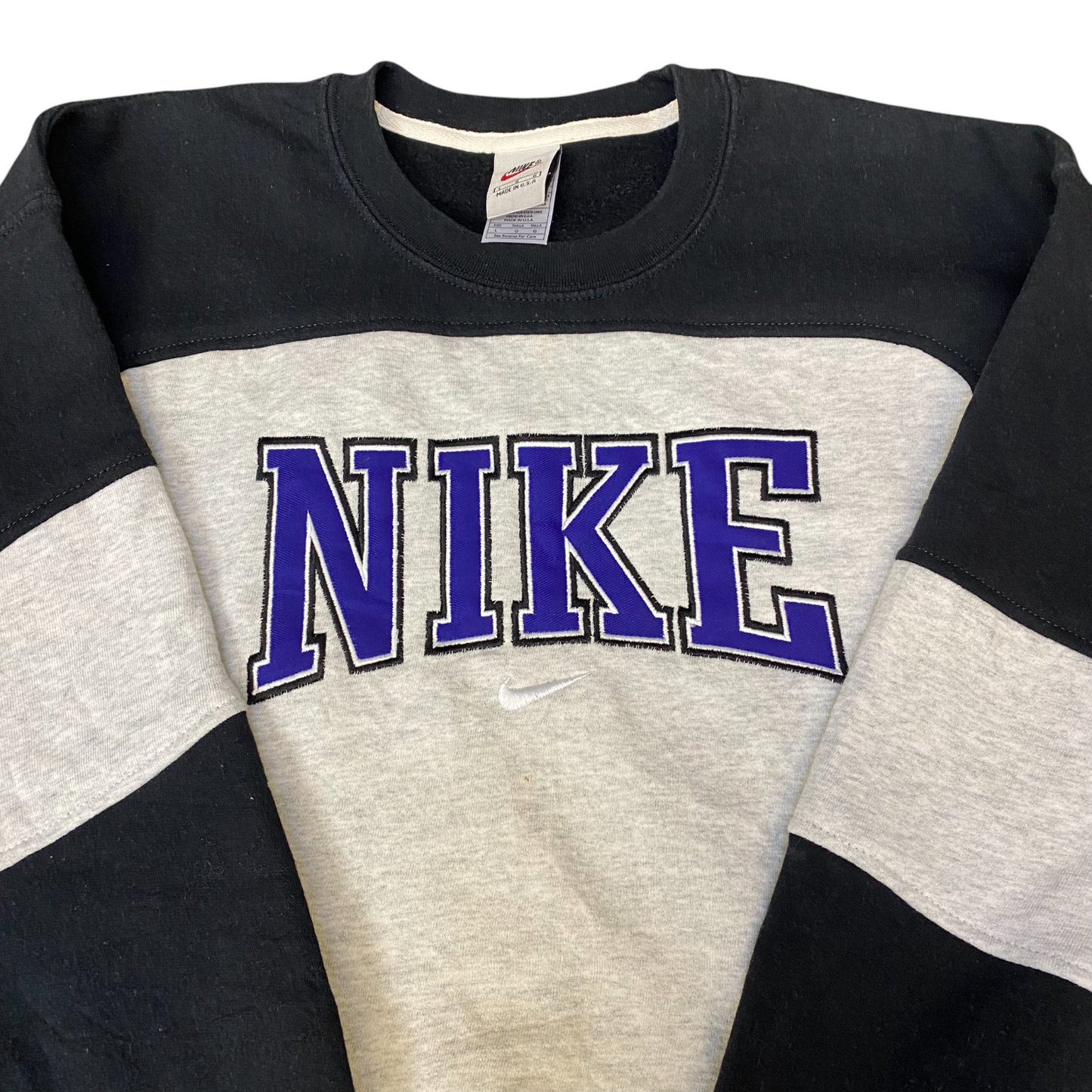 Nike Reworked Sweatshirt Mens Large Black Grey Embroidered Spellout Logo Vtg Y2K