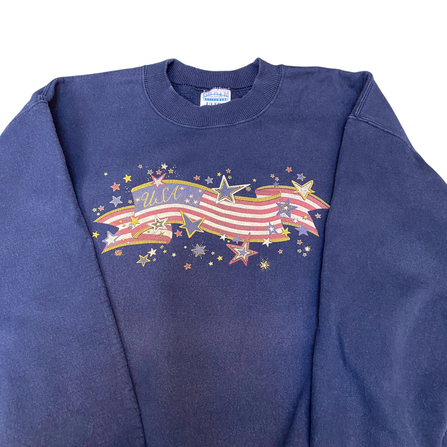 Gildan Sweatshirt Mens Medium Blue Star US Flag Print Crew Neck Long Sleeve