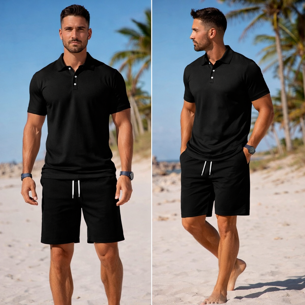Men’s Slim Fit 2 Piece Summer Set – Breathable Mesh Polo T-Shirt & Shorts Casual Sports Outfit