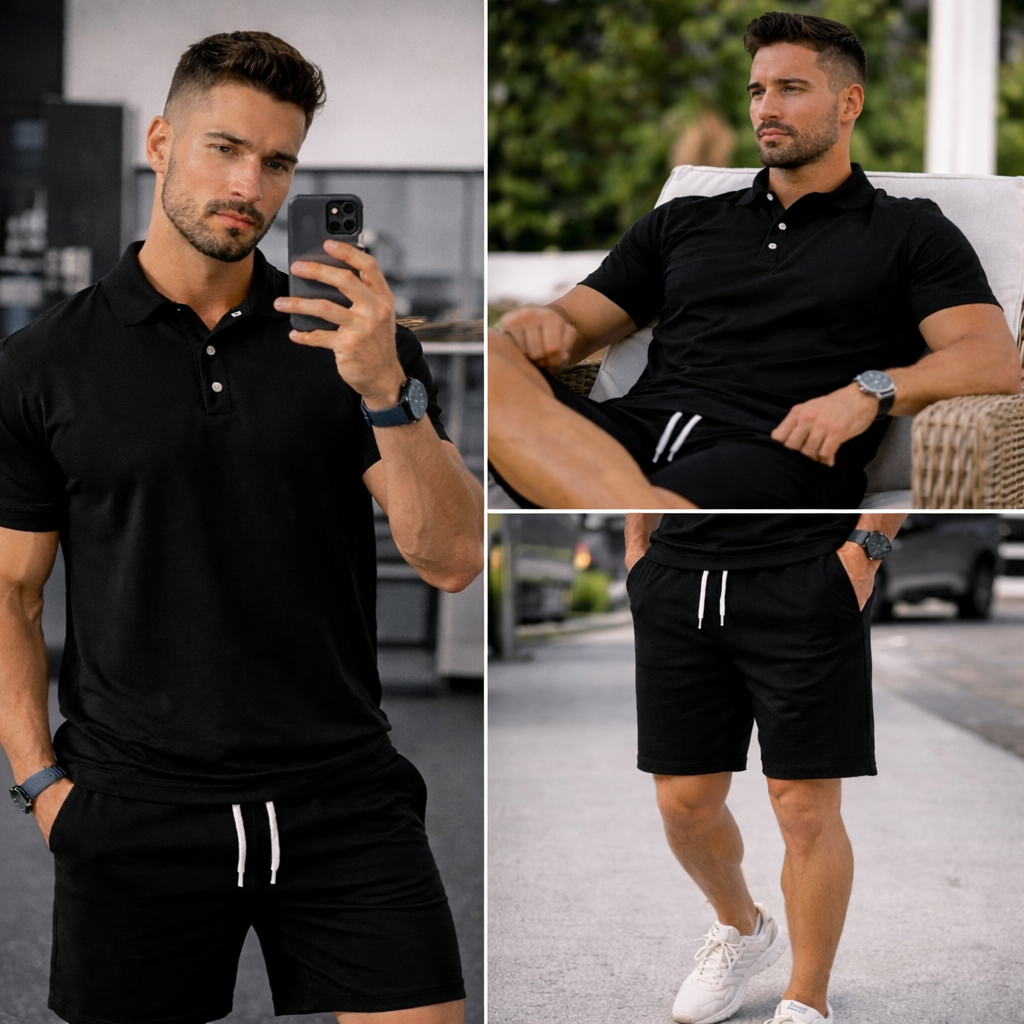 Men’s Slim Fit 2 Piece Summer Set – Breathable Mesh Polo T-Shirt & Shorts Casual Sports Outfit