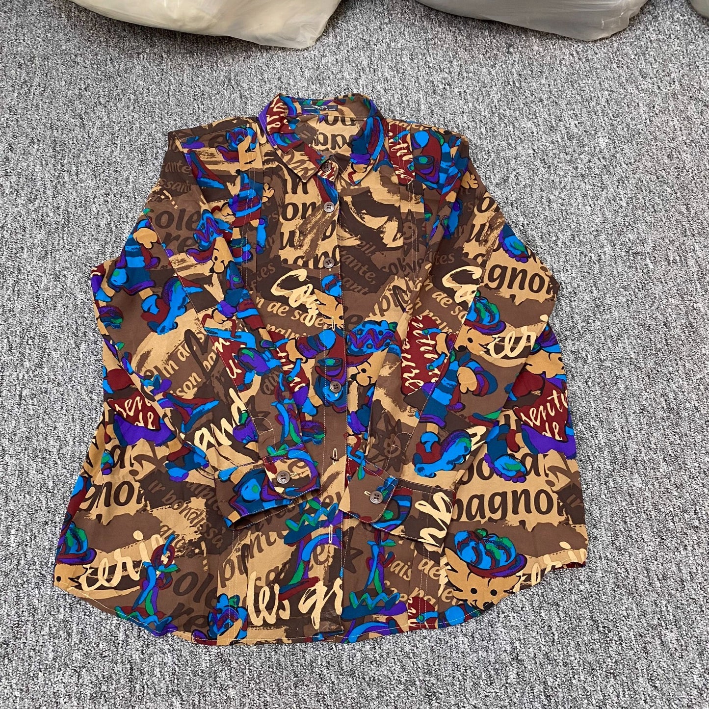 Shirt Top Womens L Multi Printed Chiffon Collar Long Sleeve Button Down Outdoor