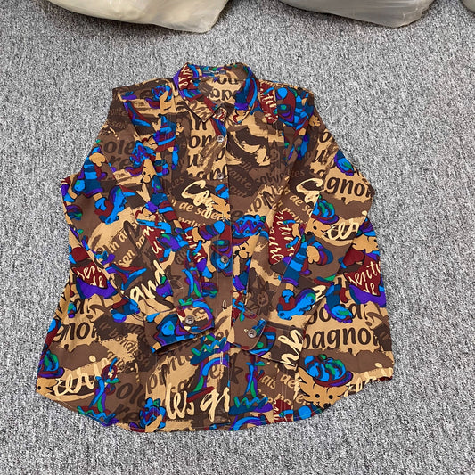 Shirt Top Womens L Multi Printed Chiffon Collar Long Sleeve Button Down Outdoor