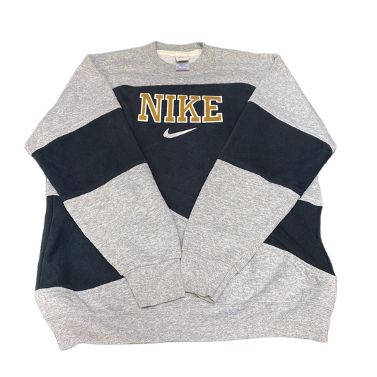 Nike Reworked Sweatshirt Mens Large Grey Black Embroidered Spellout Logo Vtg Y2K