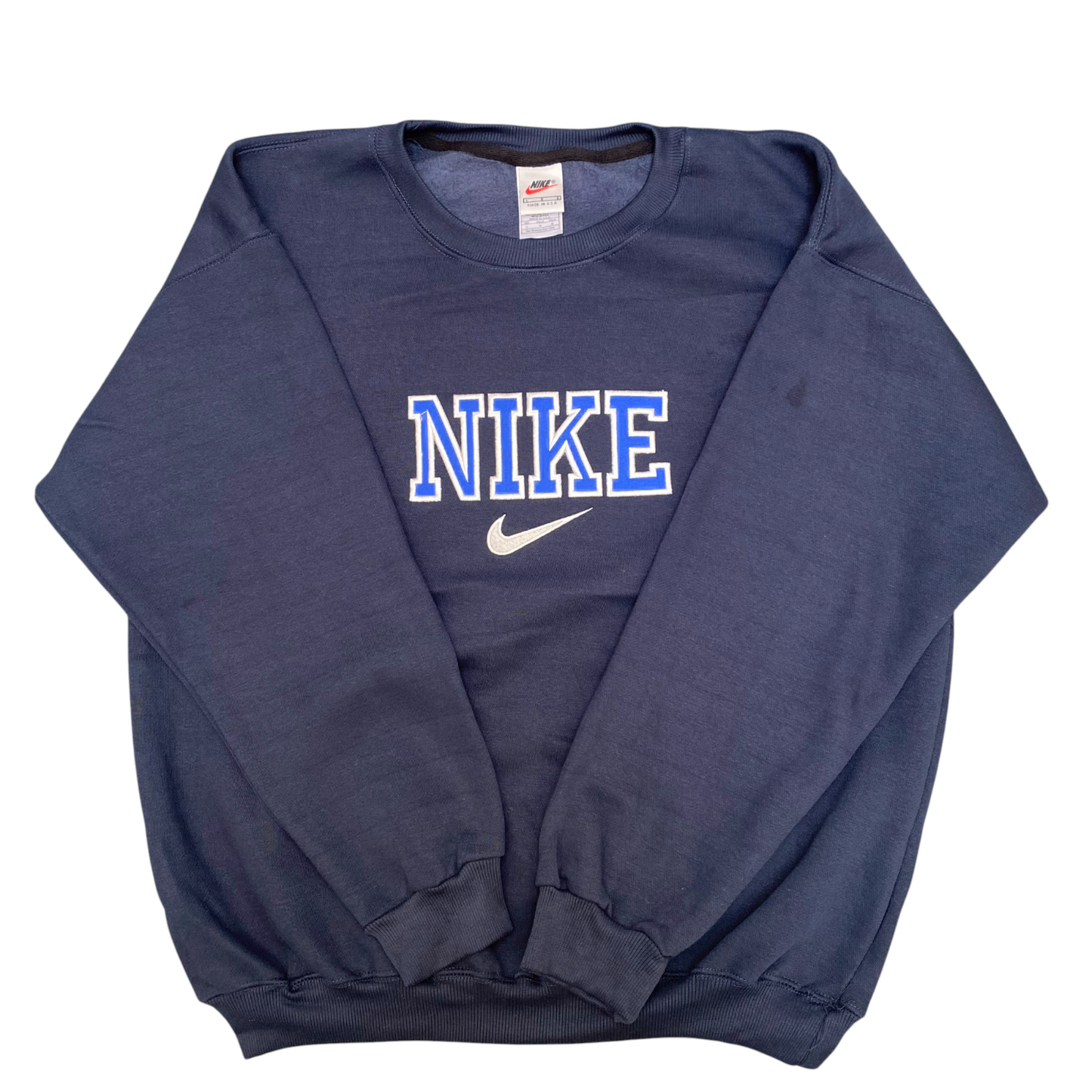 Nike Reworked Sweatshirt Mens L Blue Heather Embroidered Spellout Logo Crew Neck