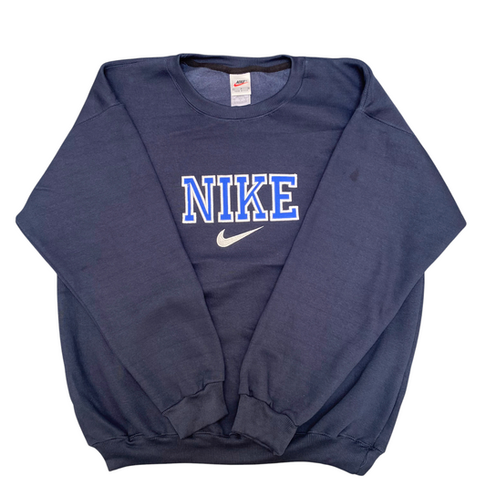 Nike Reworked Sweatshirt Mens L Blue Heather Embroidered Spellout Logo Crew Neck