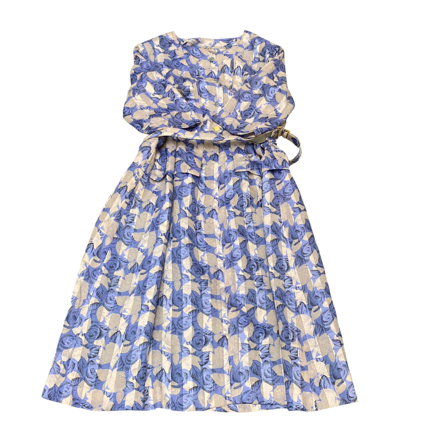 Womens Midi Dress S Cream Blue Floral Short Sleeve V Neck Button Front Outdoor