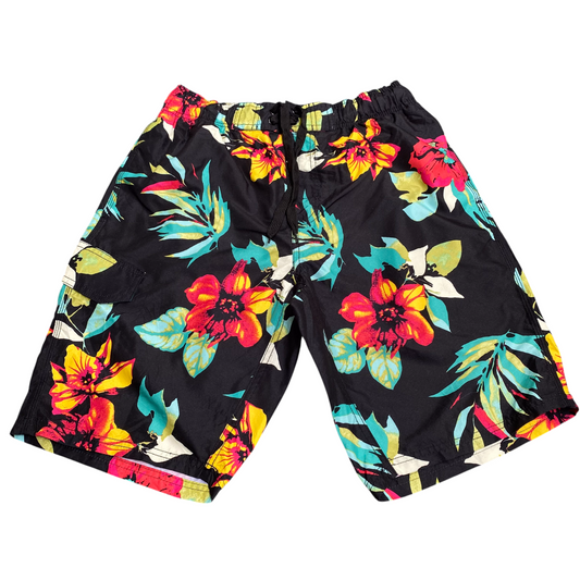 Kanu Surf Swim Trunks S Black Floral Mesh Lined Beach Elastic Waist Drawstring