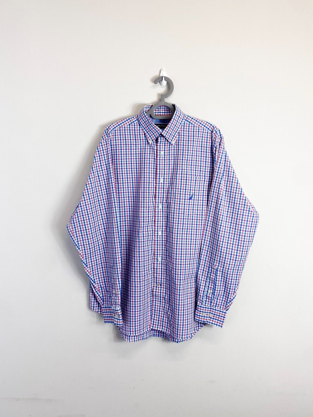 Nautica Shirt Mens M Blue Checkered Classic Fit Long Sleeve Collar Button Down