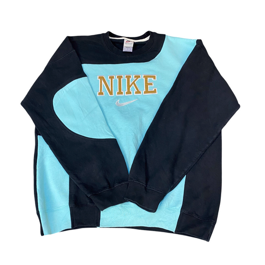 Nike Reworked Sweatshirt Mens L Black Blue Embroidered Spellout Logo Vintage Y2K