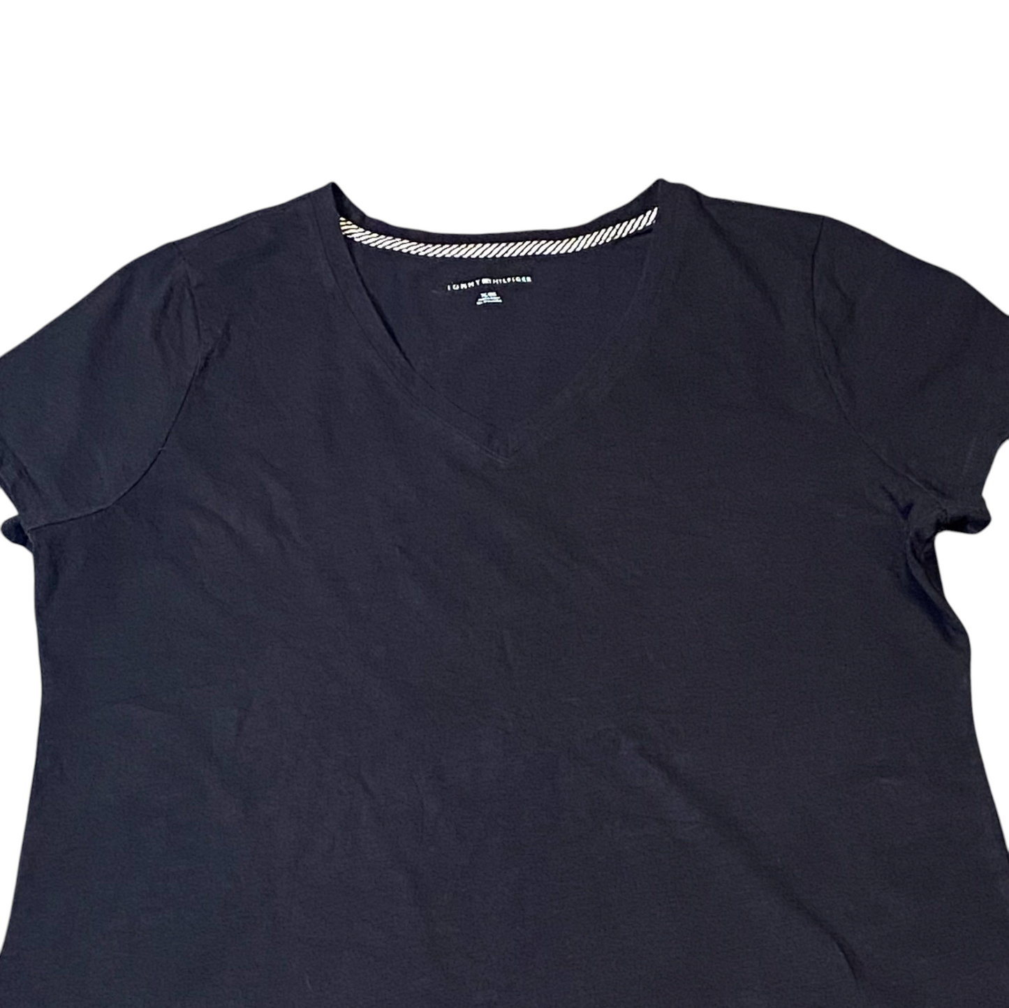Tommy Hilfiger Tee Shirt Womens XL Black Solid Short Sleeve V Neck Pullover