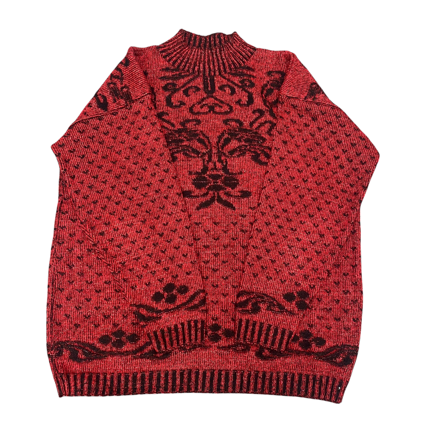 Womens Jumper Large Red Black Floral Knitted Long Sleeve Mock Neck Pullover