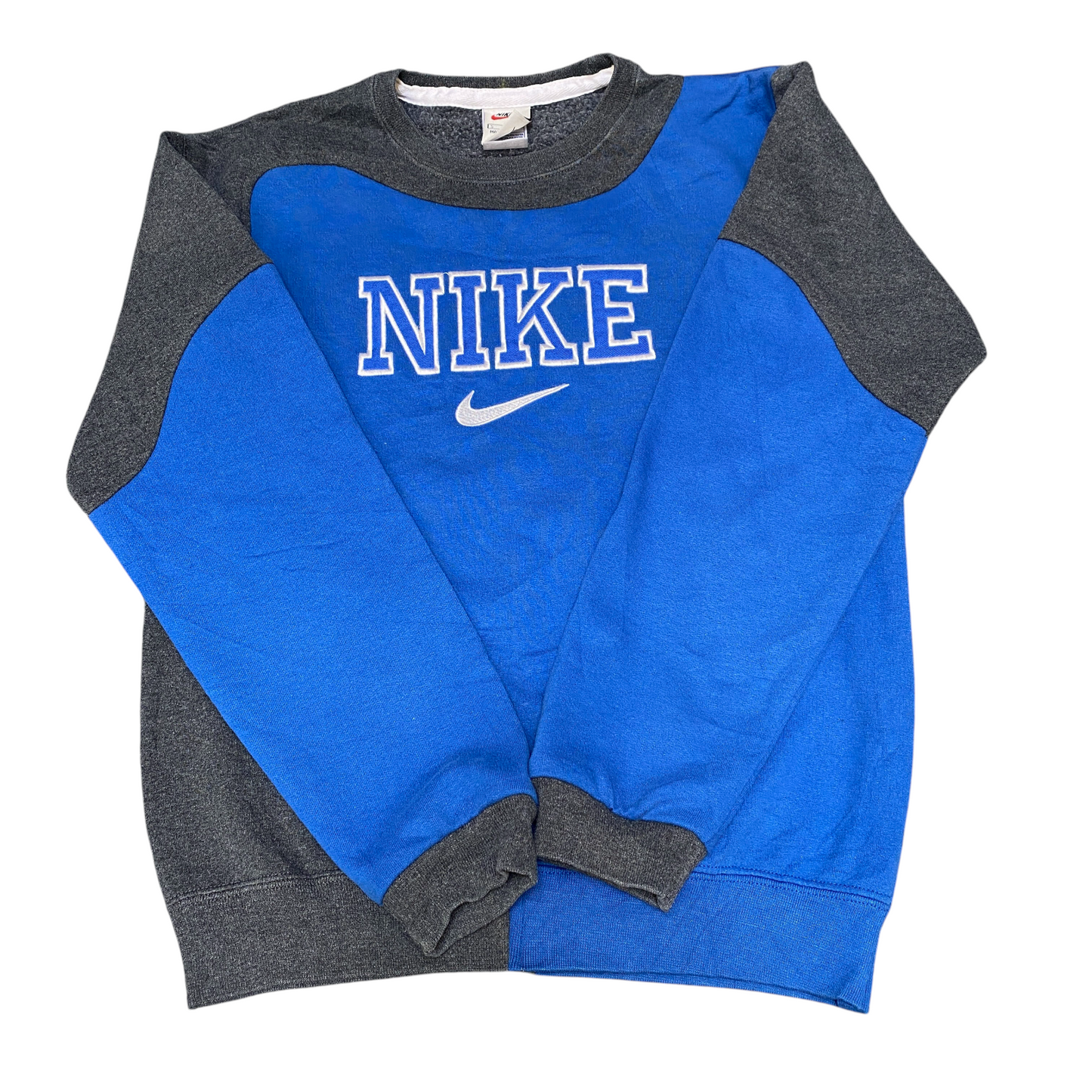 Nike Reworked Sweatshirt Mens S Blue Grey Embroidered Spellout Logo Vintage Y2K