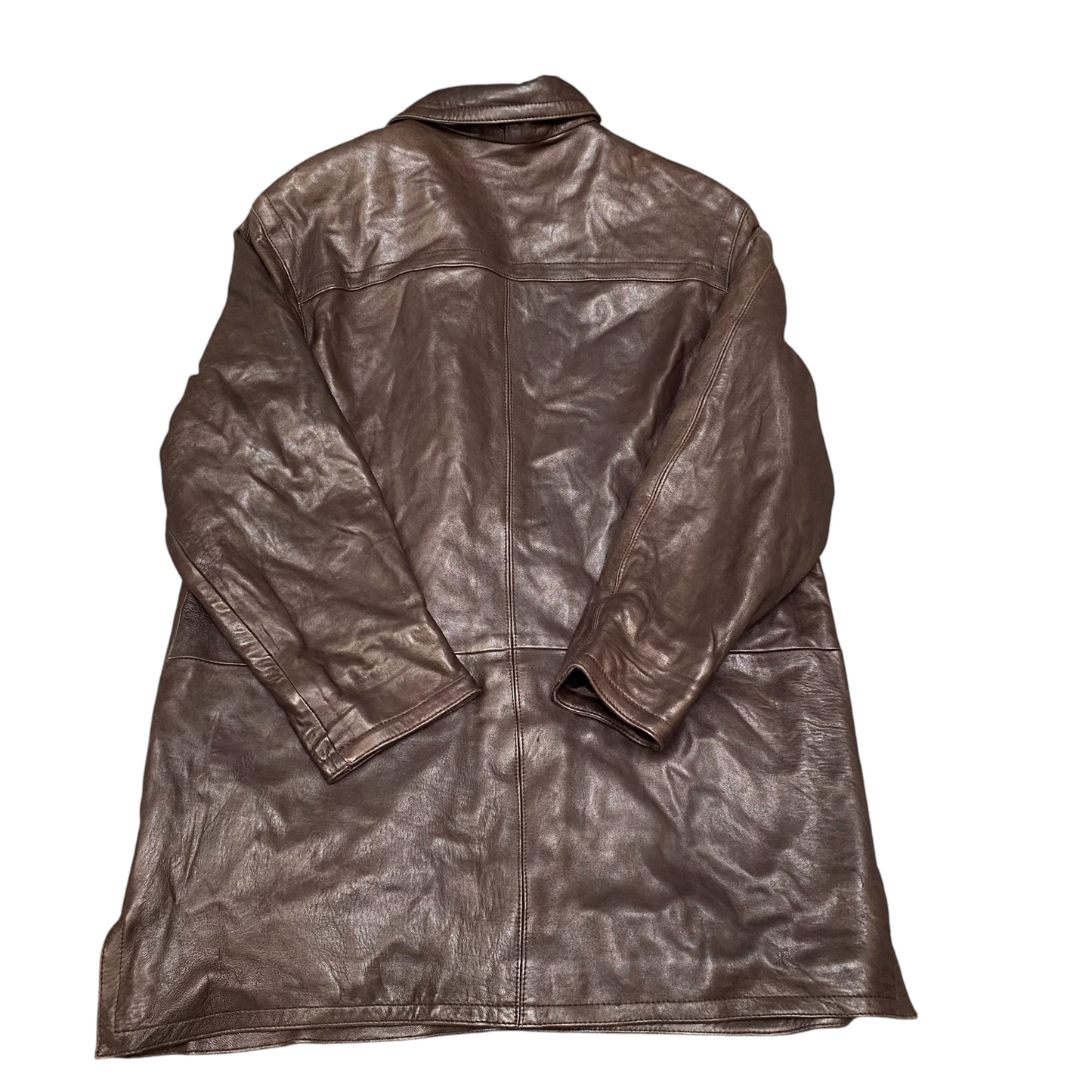 Womens Leather Jacket Large Brown Long Sleeve Quilted Lined Collar Button Front