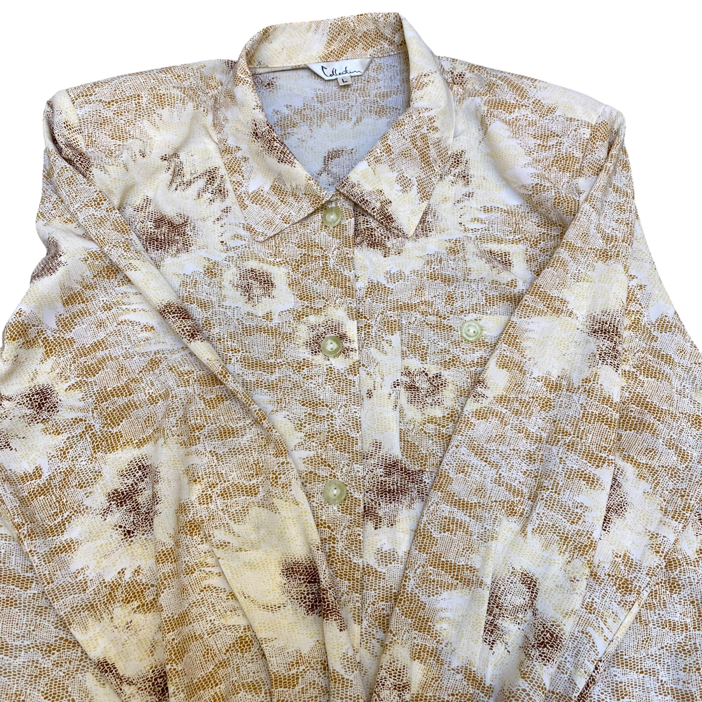Collection Shirt Top Womens L Cream Marble Print Long Sleeve Collared Button Up