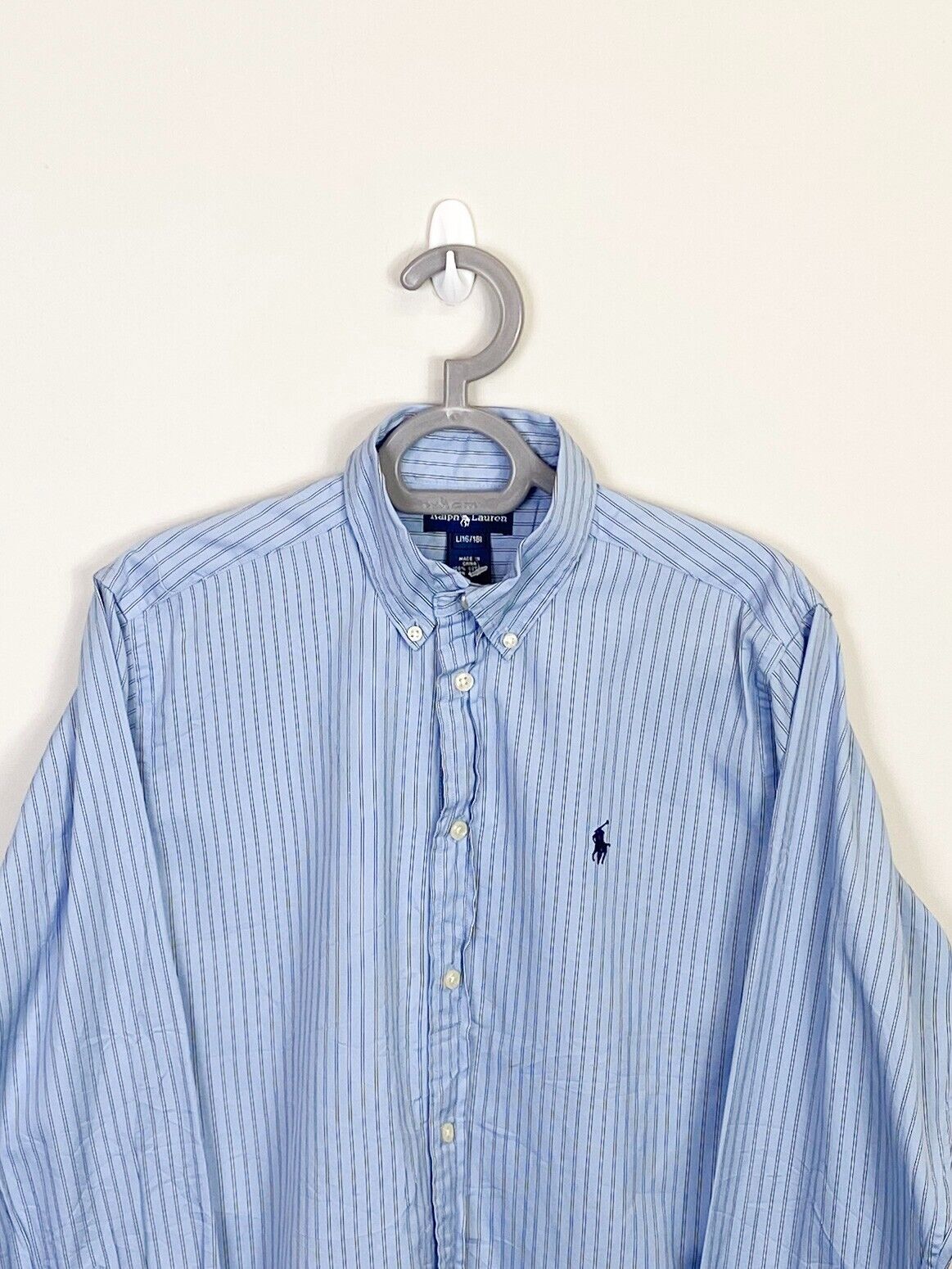 Ralph Lauren Shirt Mens Large Blue Striped Cotton Small Black Polo Pony Logo