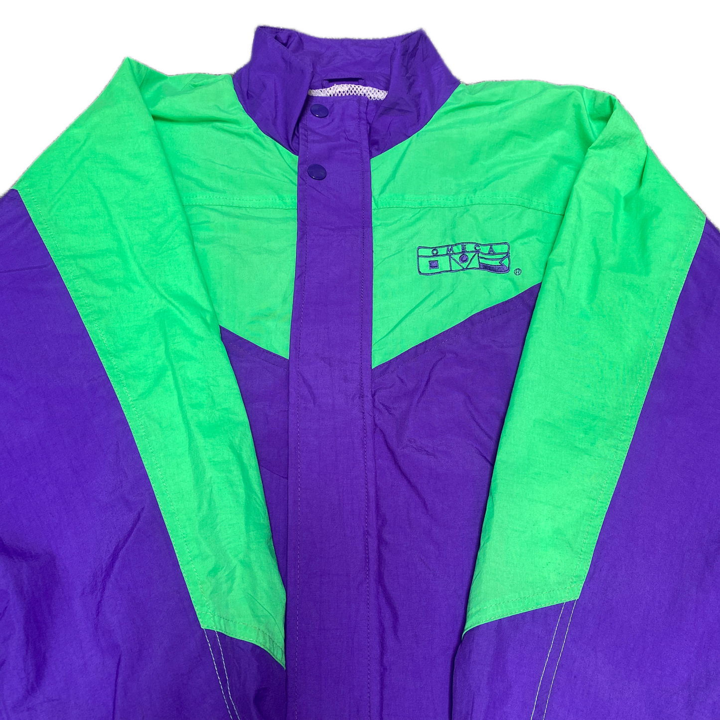 Omega Ski Jacket Women's M Purple Green Drawcord Hem Windbreaker Snap Inside Zip