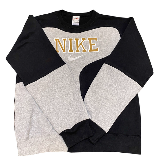 Nike Reworked Sweatshirt Mens Small Black Grey Embroidered Spellout Logo Y2K