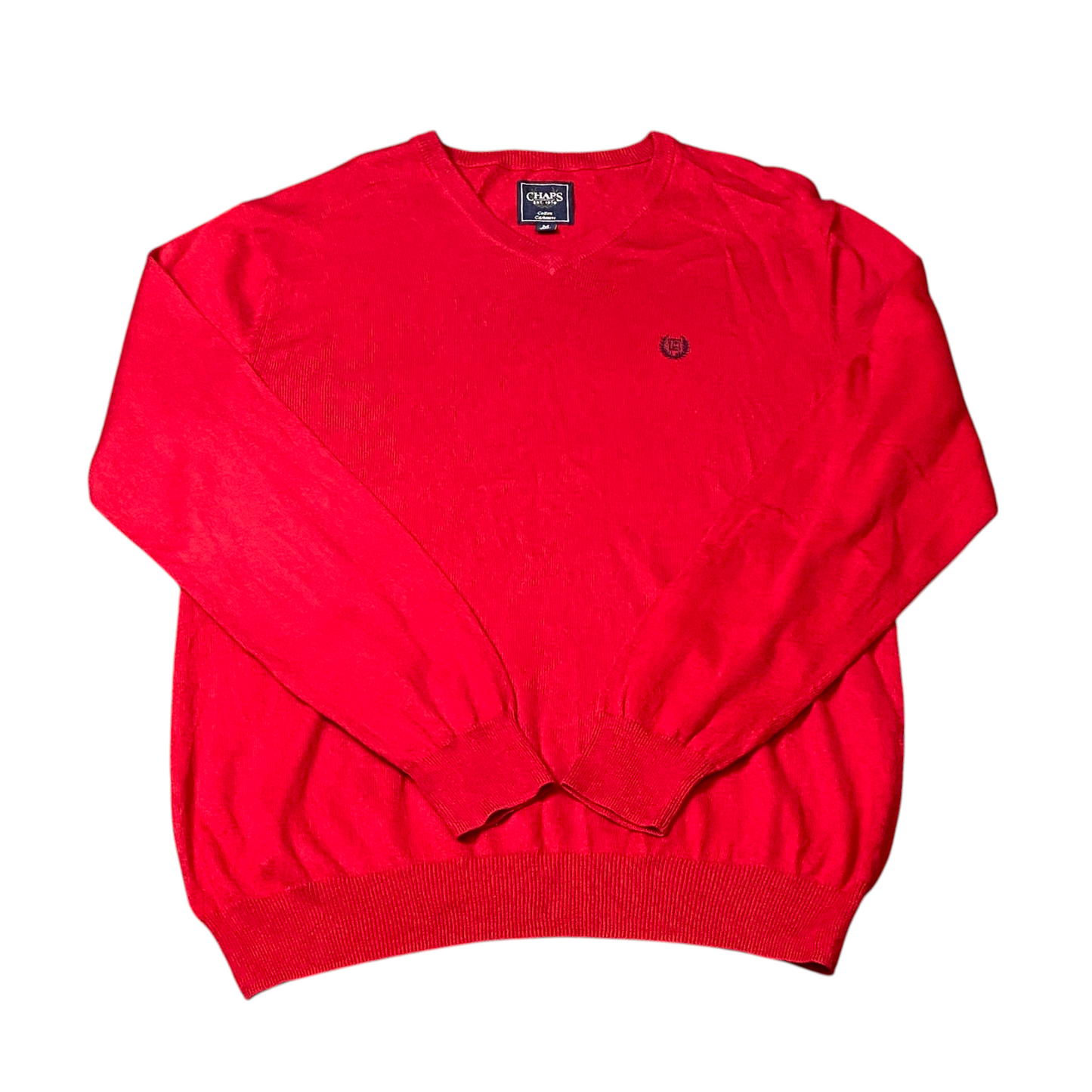 Chaps Gauge Jumper Mens Medium Red Cashmere Ribbed Hem & Cuff V Neck Pullover