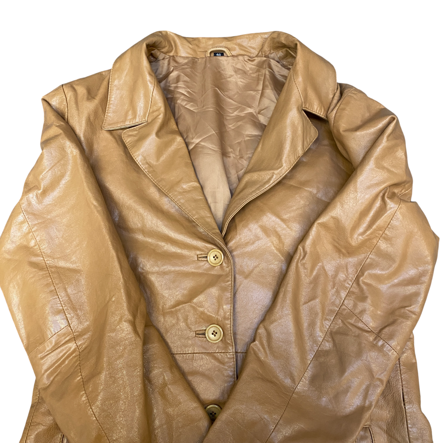 Women Leather Blazer Jacket Medium Brown Long Sleeve Notch Lapel Single Breasted