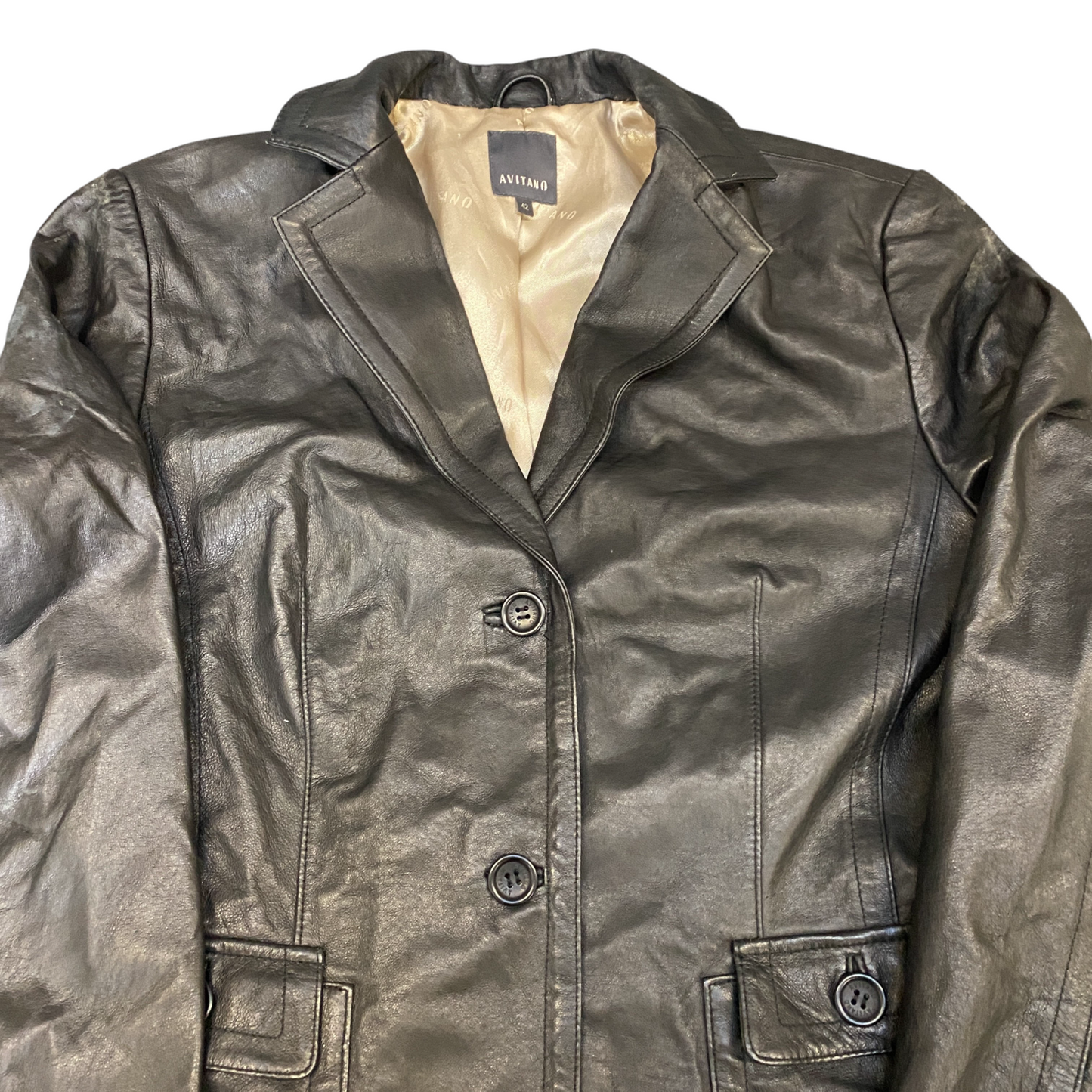 Avitano Genuine Leather Blazer Jacket Womens M Black Notch Lapel Single Breasted