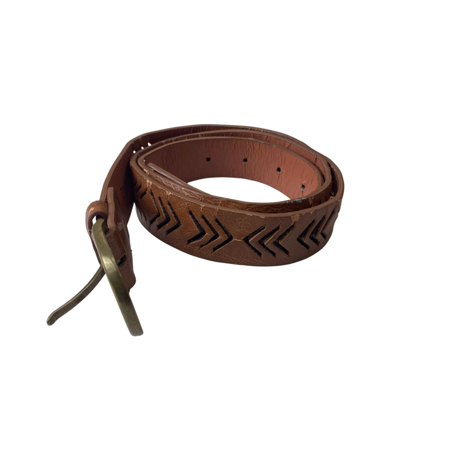 Women's Waist Belt Brown Leather Cutout Chevron Brass Pin Buckle Size 39.5 in