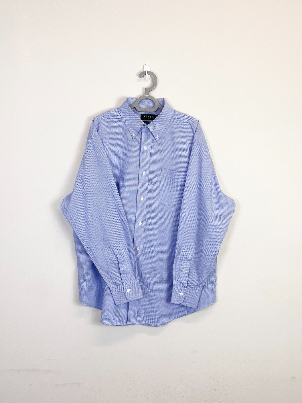 Ralph Lauren Dress Shirt Mens XL Blue Checkered Non-Iron Pockets Button Down