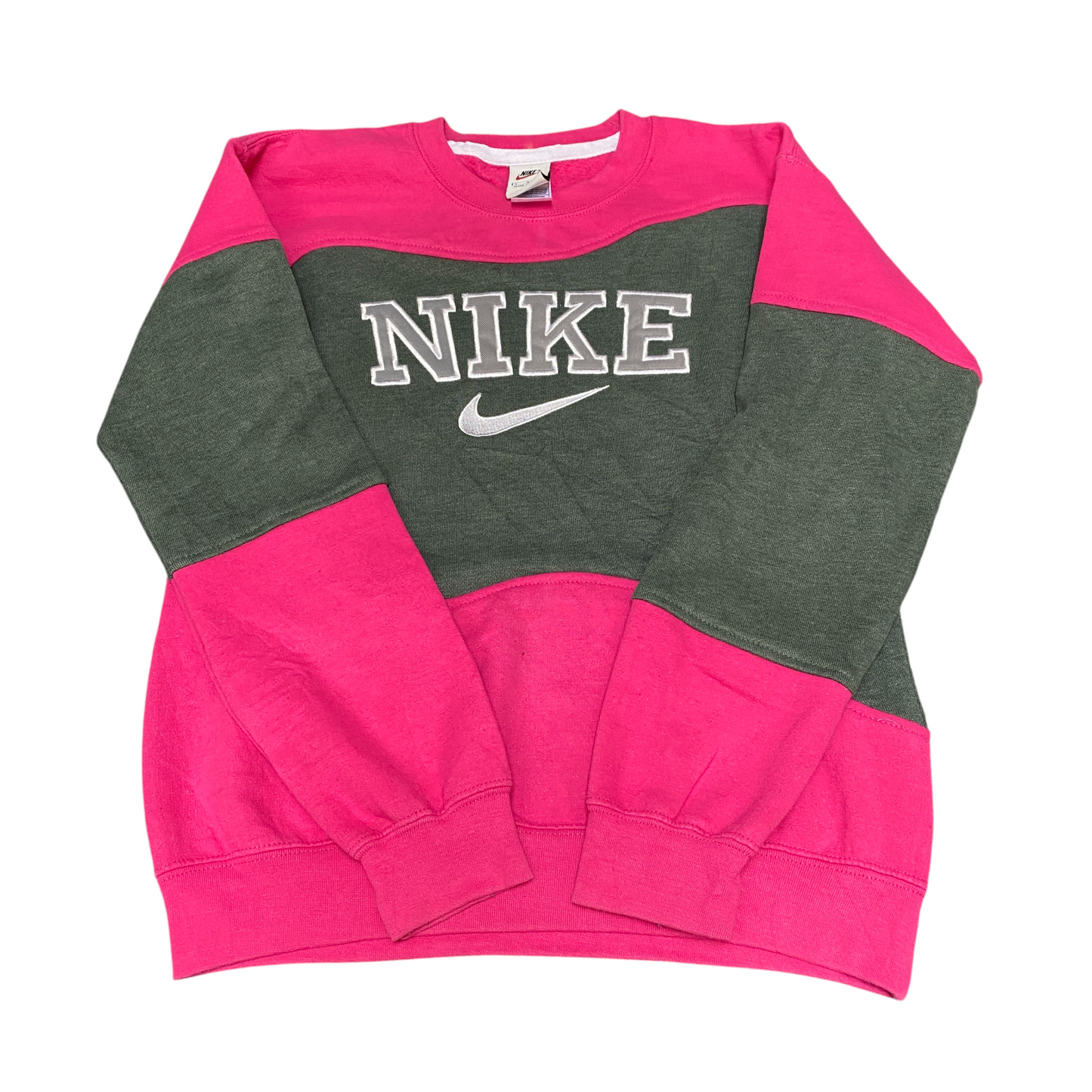 Nike Reworked Sweatshirt Mens Small Pink Green Embroidered Spellout Logo Vtg Y2K