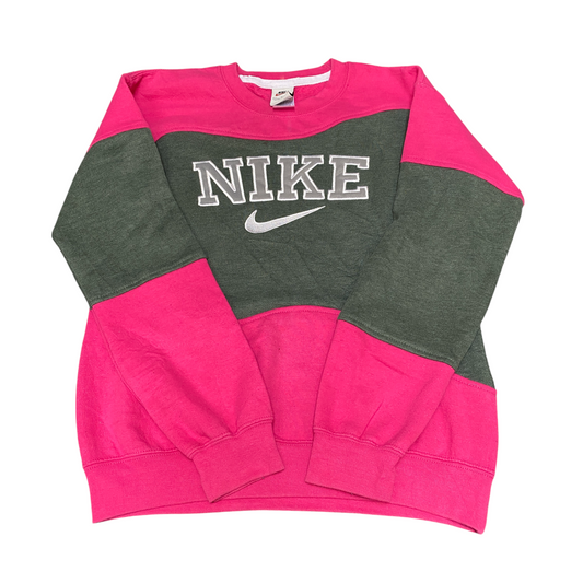 Nike Reworked Sweatshirt Mens Small Pink Green Embroidered Spellout Logo Vtg Y2K