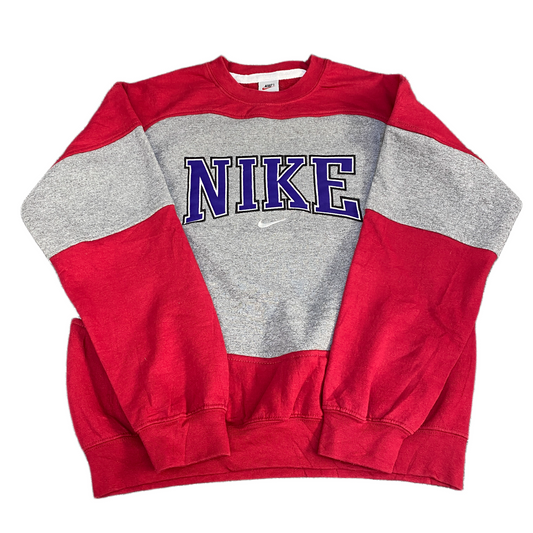 Nike Reworked Sweatshirt Mens M Red Grey Embroidered Spellout Logo Vintage Y2K