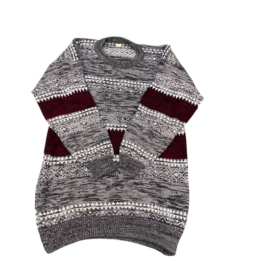 Jumper Womens Large Grey Red Aztec Print Knitted Long Sleeve Crew Neck Pullover