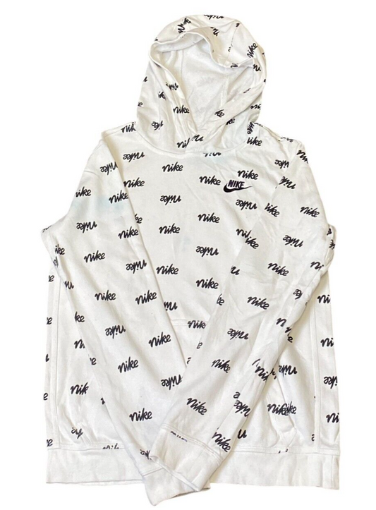 Nike Sportswear Hoodie Mens Small White Allover Logo Print Standard Fit Pullover