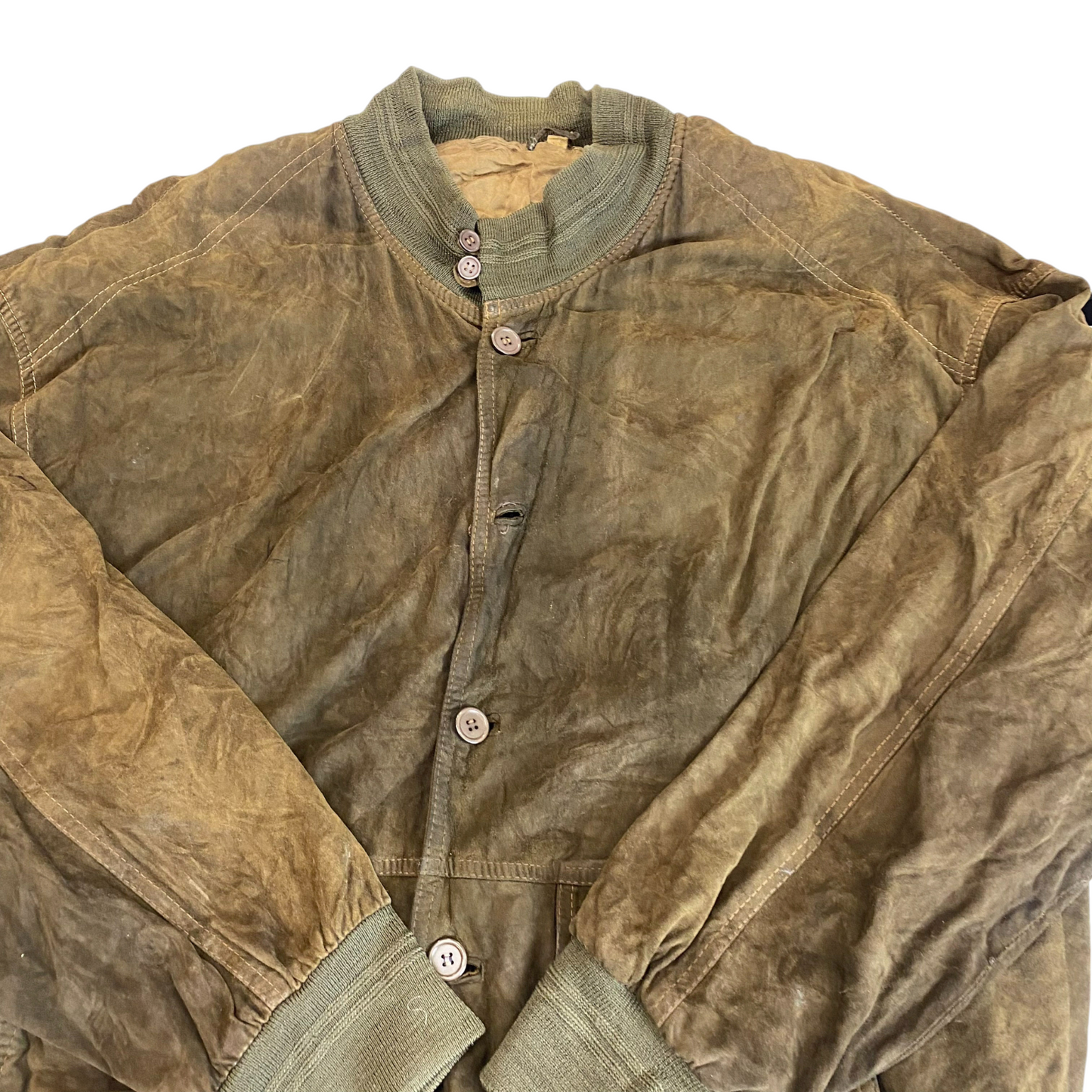 Jacket Mens L Green Suede Leather Pockets Long Sleeve Button Front Outdoor