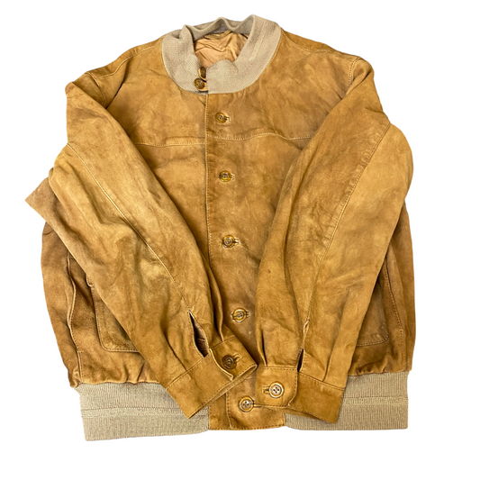 Mens Suede Leather Bomber Jacket Large Brown Lined Long Sleeve Button Front