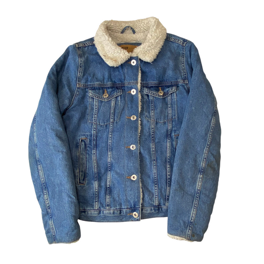 FB Sister Trucker Jacket Womens XS Blue Denim Sherpa Lined Collared Button Front