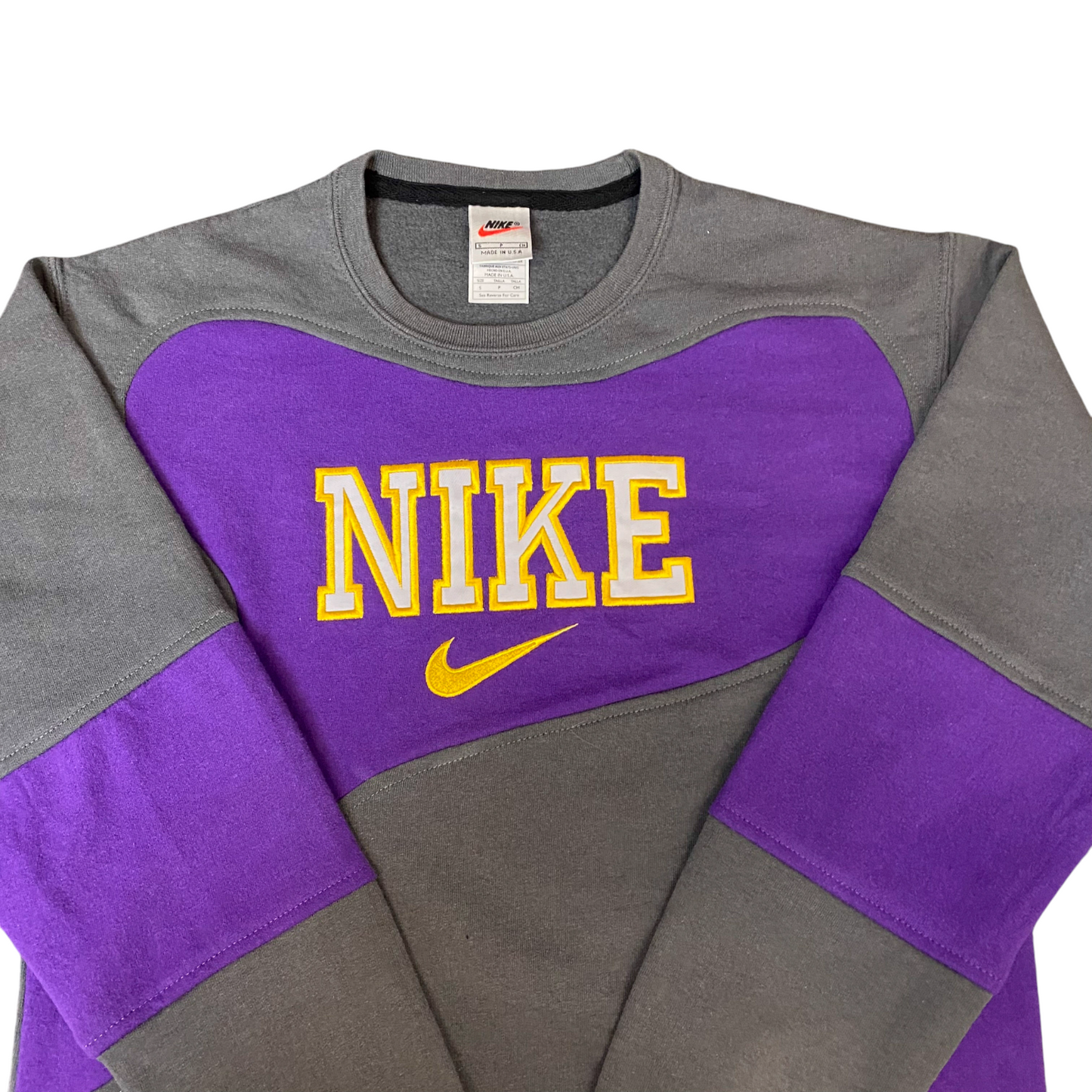 Nike Reworked Sweatshirt Men Small Purple Grey Embroidered Spellout Logo Vtg Y2K