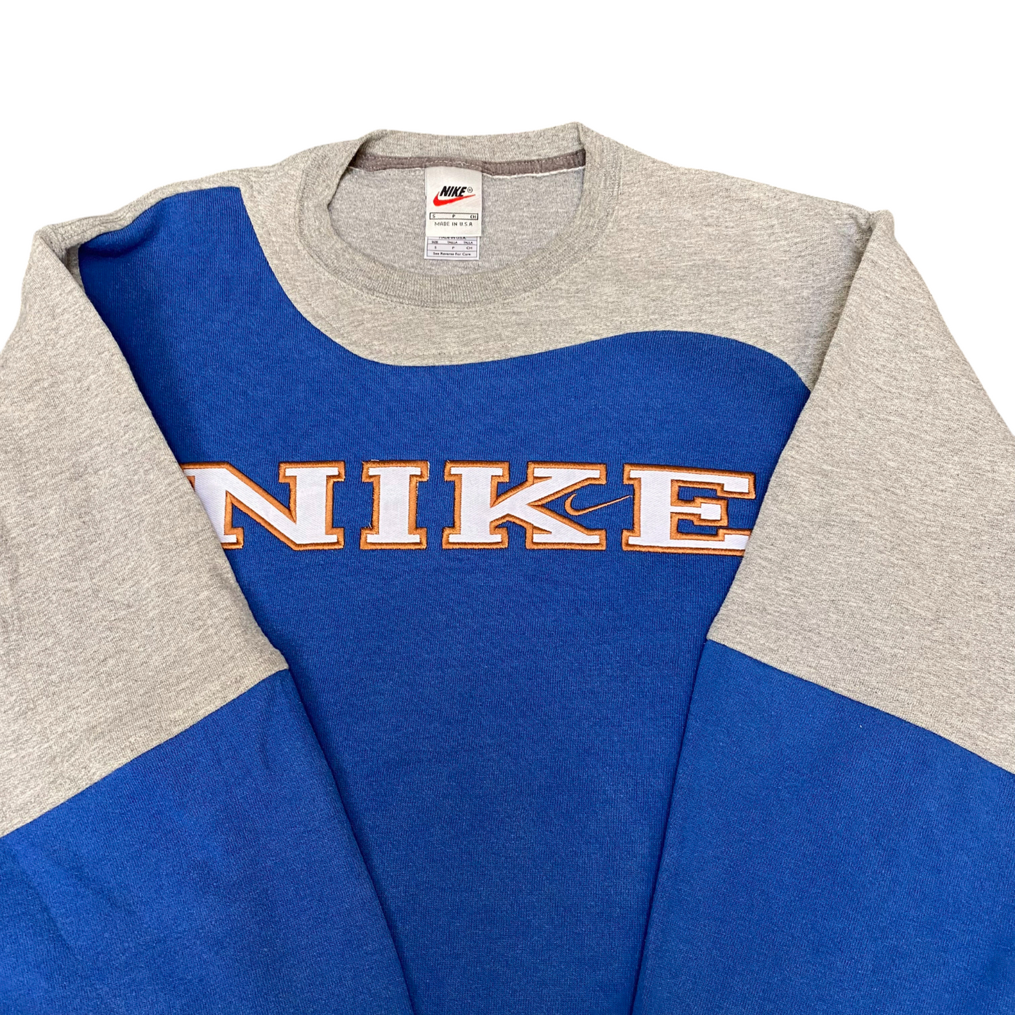 Nike Reworked Sweatshirt Mens Small Grey Blue Embroidered Spell Out Logo Y2K