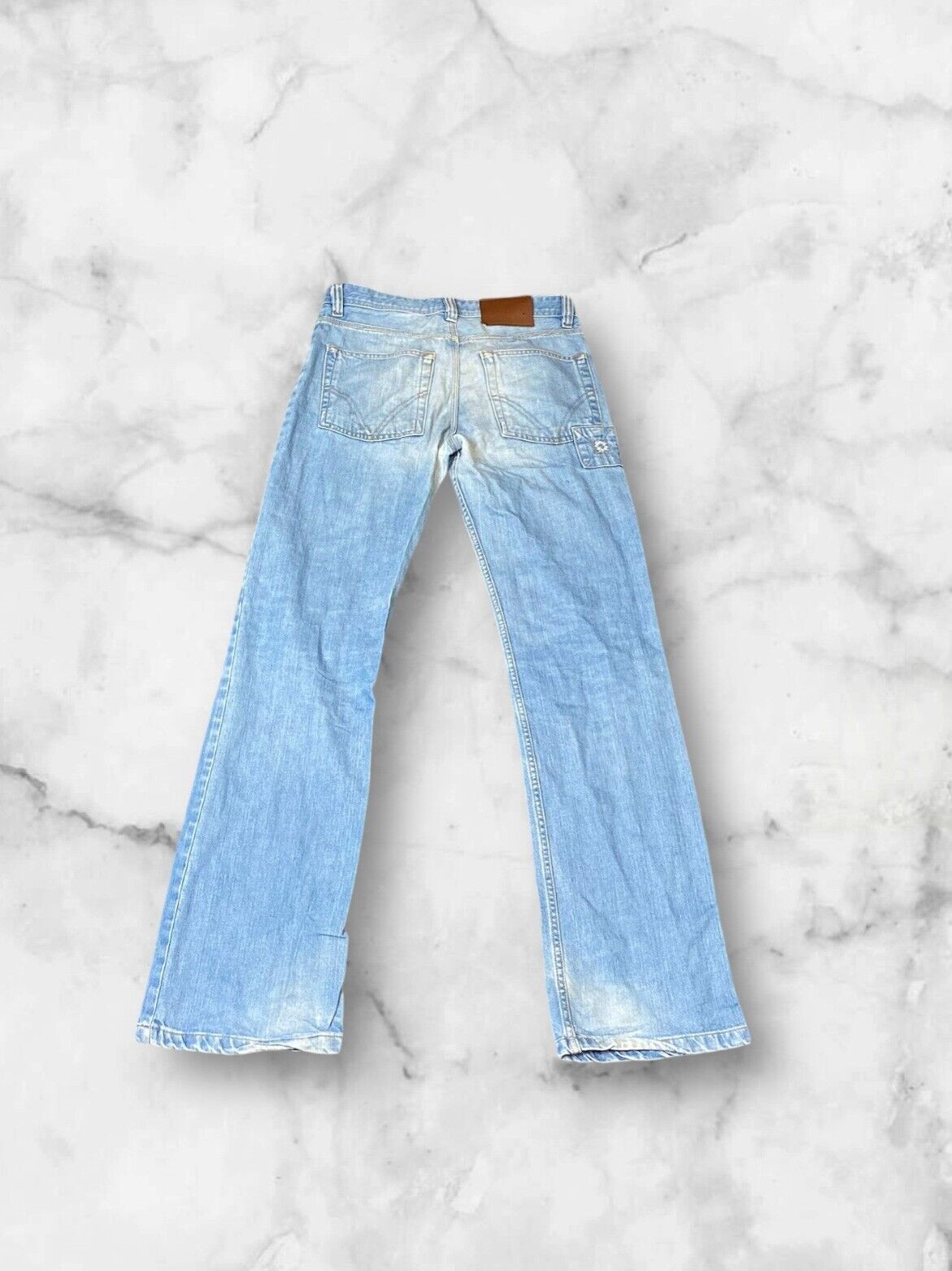 Mens Jeans Mens 32x32 Blue Denim Distressed Classic Patchwork Flared Leg