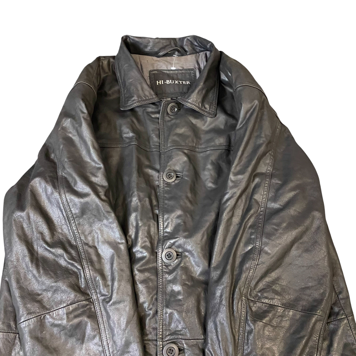 HI-BUXTER Faux Leather Jacket Mens Large Black Long Sleeve Collared Button Front