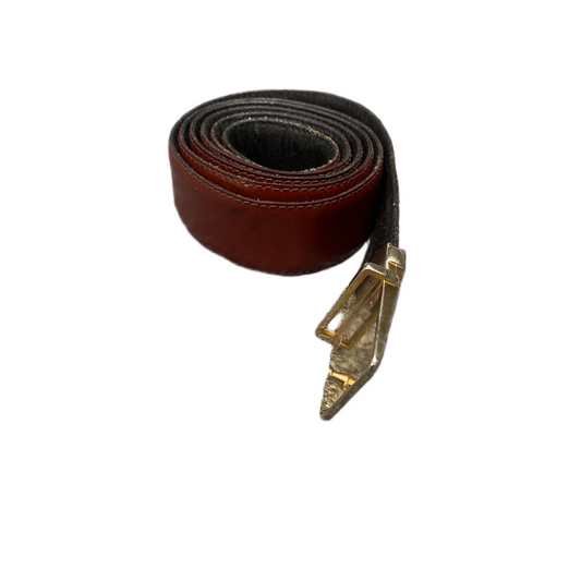 Vintage Waist Belt Mens Brown Leather Gold Tone Black Enamel Buckle 43 inches