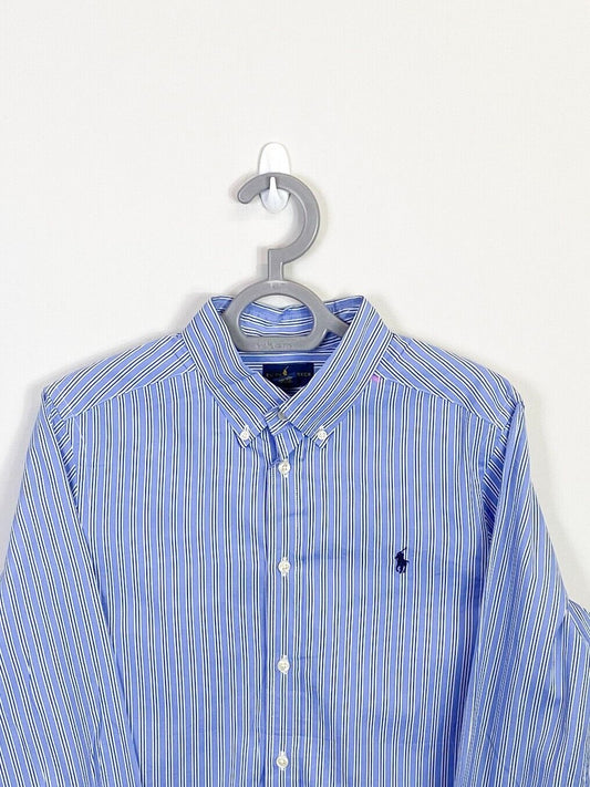 Ralph Lauren Shirt Mens Large Blue Striped Cotton Small Blue Polo Pony Logo