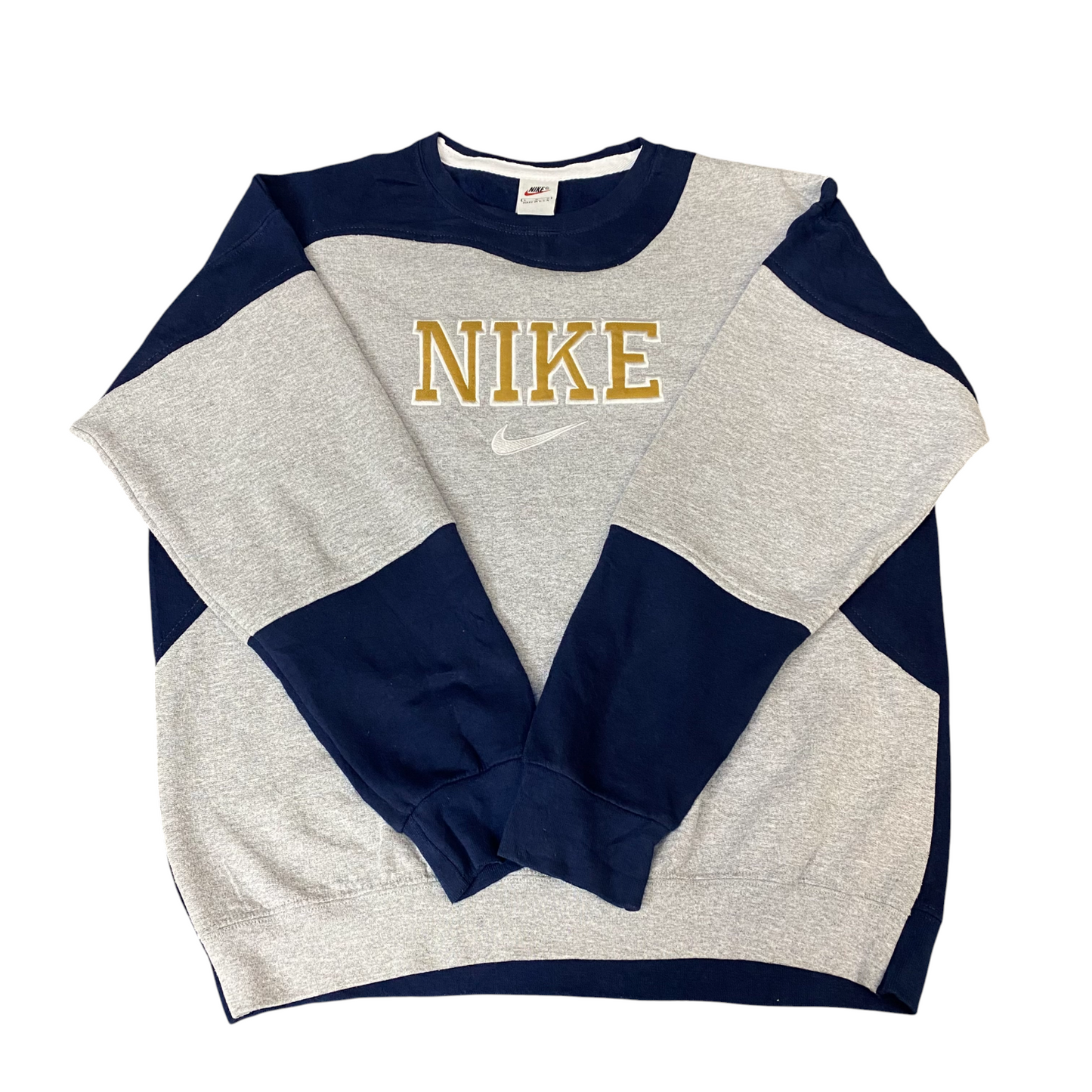 A515 Nike Reworked Sweatshirt Mens Large Navy Grey Embroidered Spellout Logo Vtg