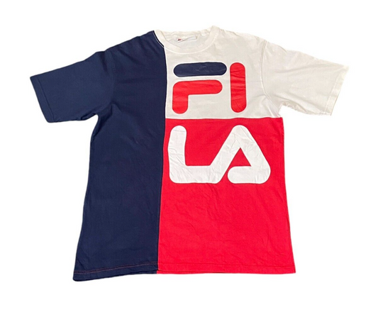 FILA T-Shirt Mens Medium Blue Red White Color Block Spell Out Logo Crew Neck Tee