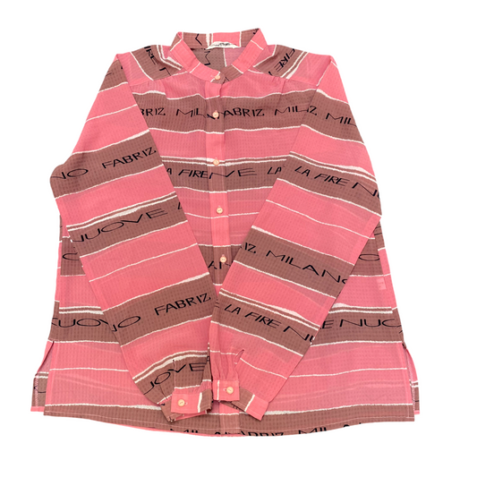 Womens Button Up Shirt M Pink Brown Striped Casual Long Sleeve Collared Outdoor