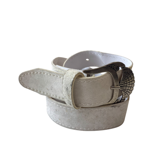 Mens Waist Belt White Leather Silver Adjustable Shell-Shaped Buckle Size 35 in