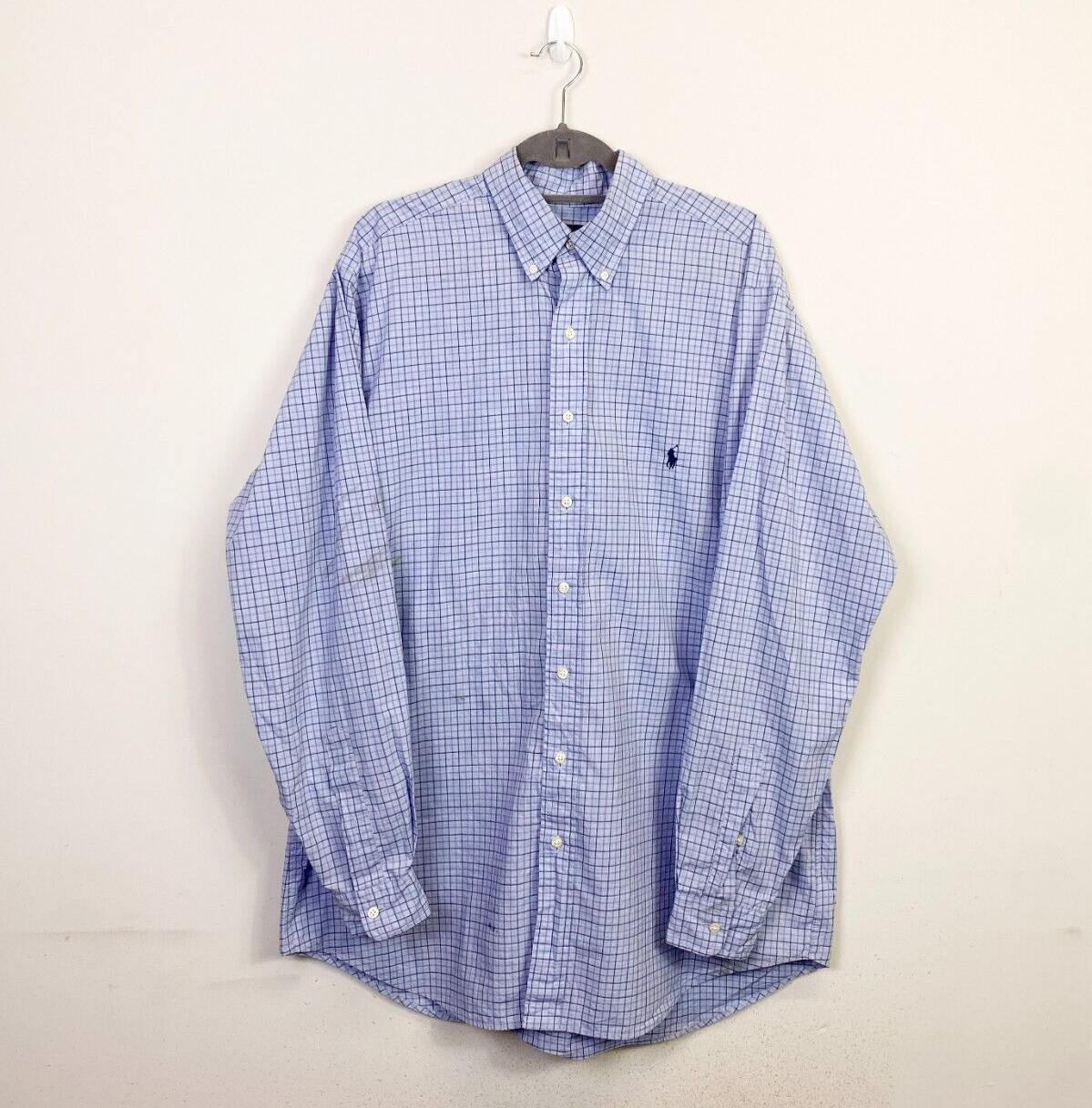 Ralph Lauren Shirt Men's LT Blue White Checkered 100% Cotton Stretch Button-Down