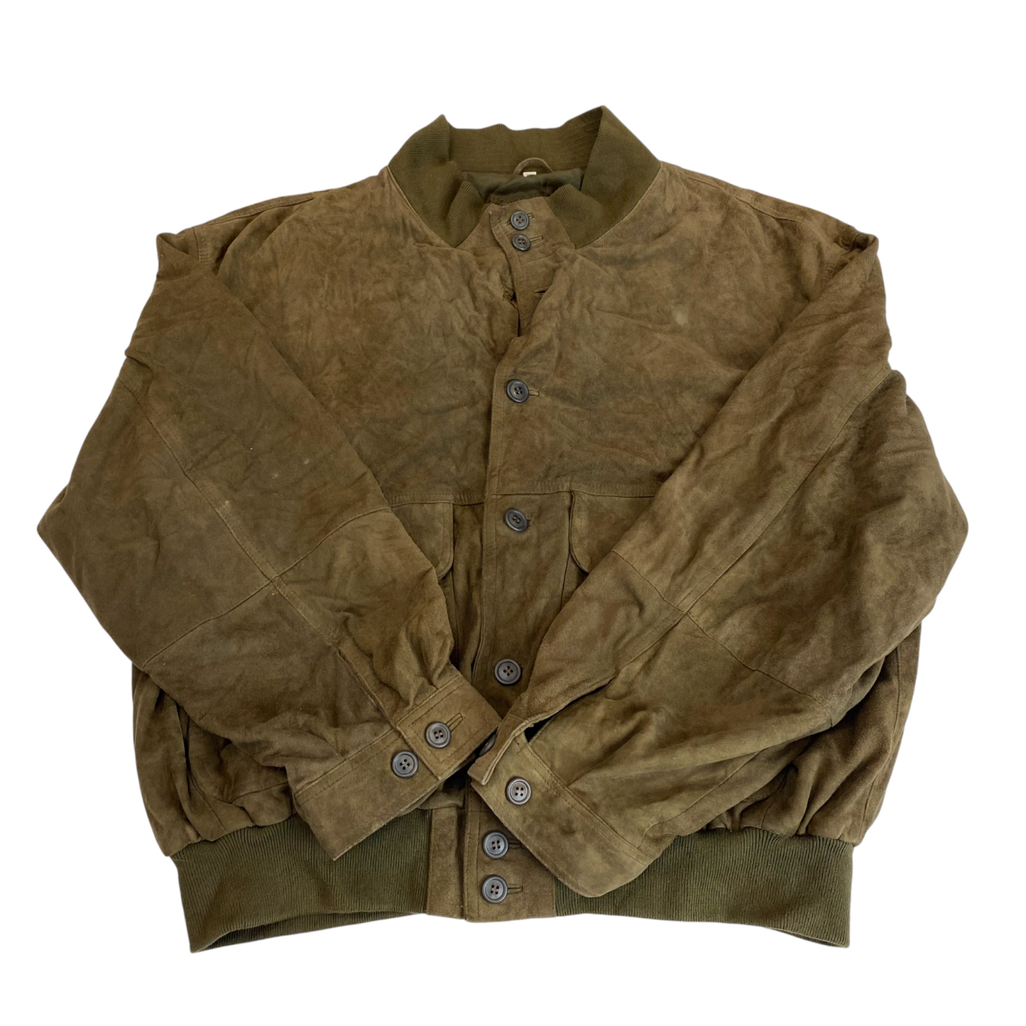 Bomber Jacket Mens L Green Suede Leather Long Sleeve Pockets Button Front