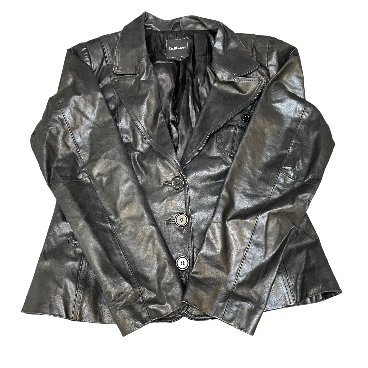 Fashion Leather Blazer Jacket Women's L Black Oxford Single Breasted Notch Lapel