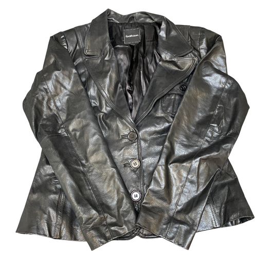 Fashion Leather Blazer Jacket Women's L Black Oxford Single Breasted Notch Lapel