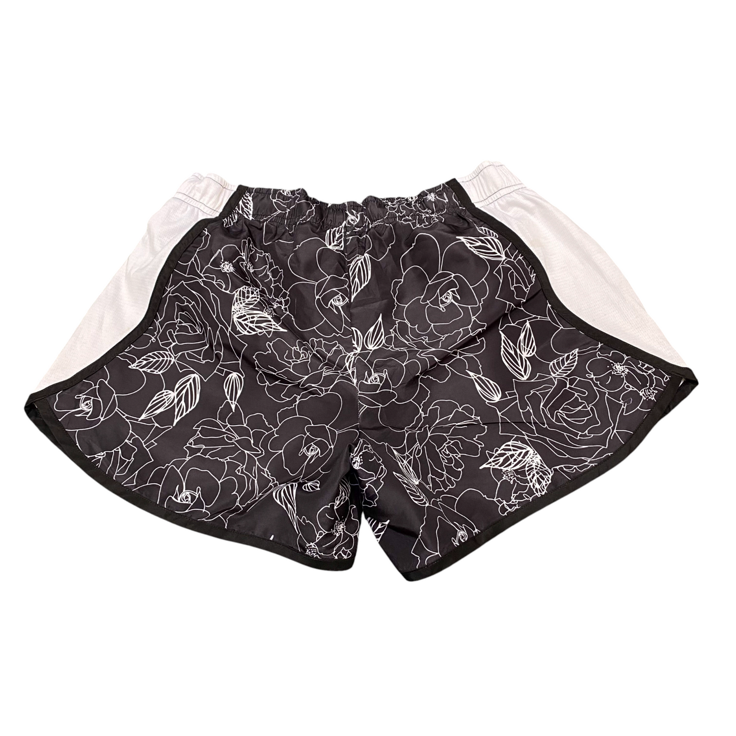 Running Sprinter Shorts Women XS Black White Floral Drawstring waist Dolphin Hem